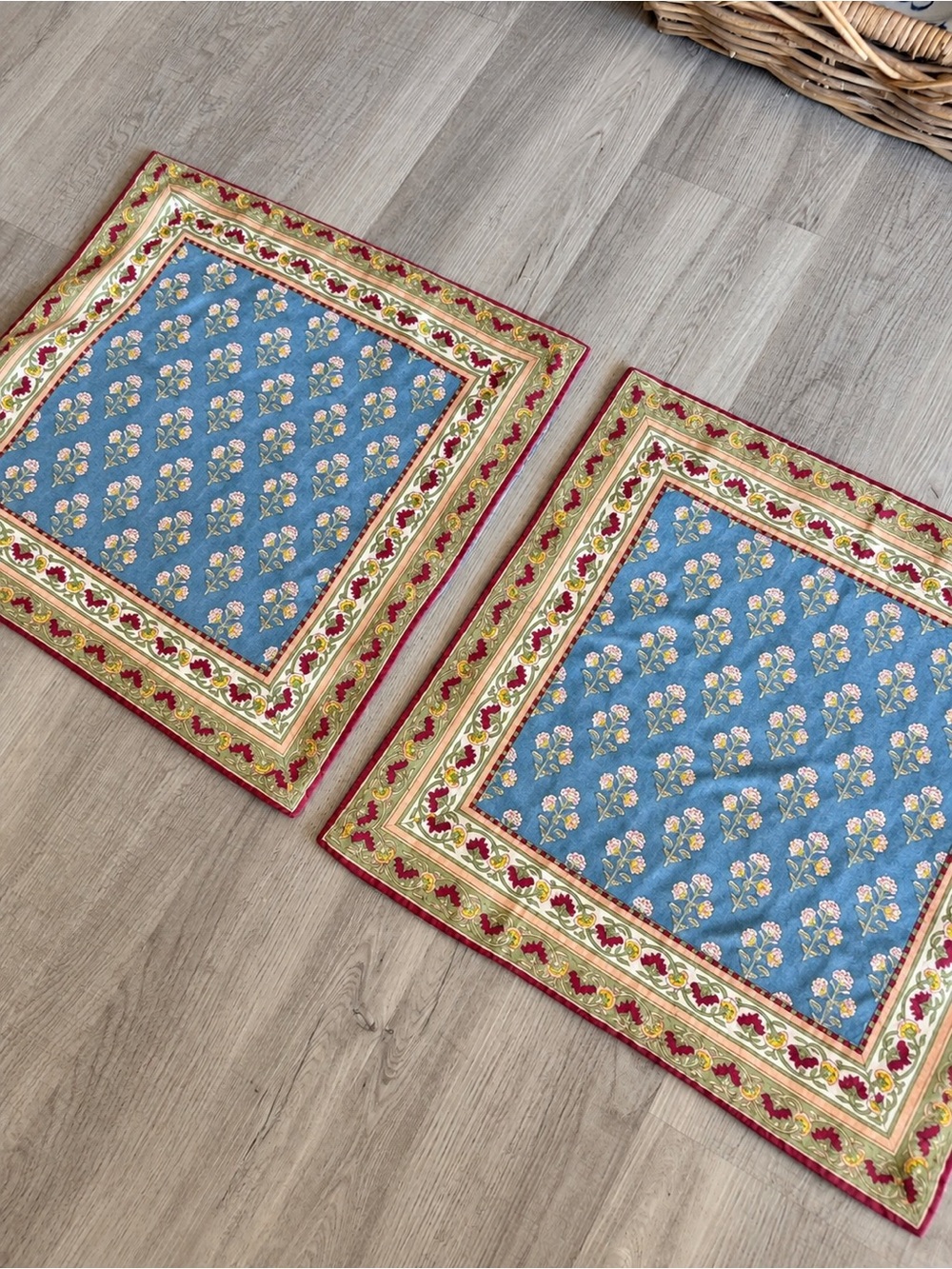 Pottery Barn 20x20 Floral Block Print Pillow Covers Blue Cotton Set of 2